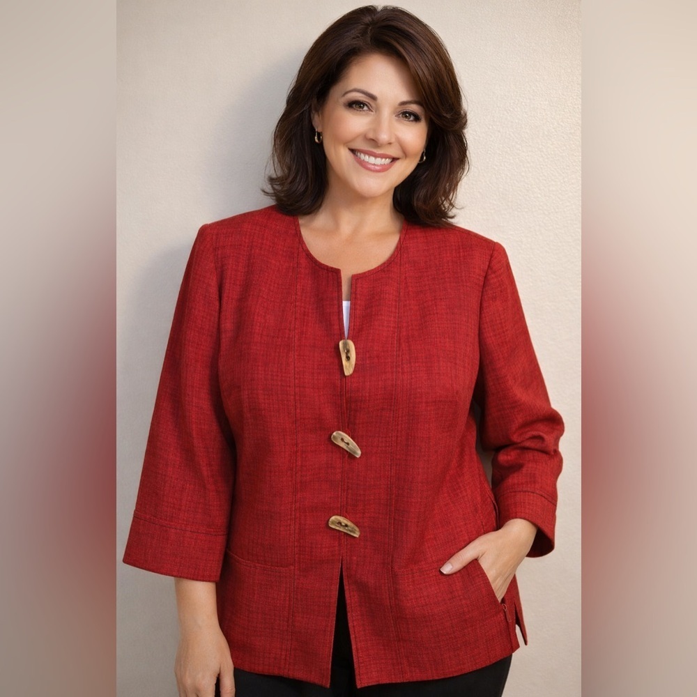 NWOT Anna Maxwell Red Textured Jacket w/ Wooden Buttons Plus Size 16WP